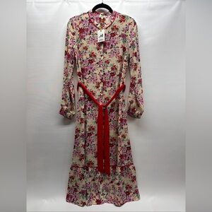 NWT Foxtale Floral Midi Dress Cream Pink Long Sleeve Button Front Tie Waist Sz M